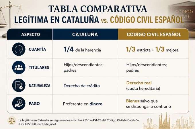 ¿Puede una persona mayor dejar toda su herencia a quien quiera en Cataluña? TABLA COMPARATIVA LEGÍTIMA EN CATALUÑA VS CÓDIGO CIVIL ESPAÑOL